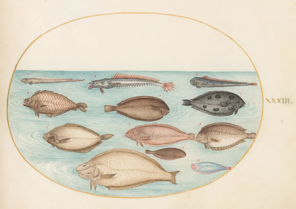 Plate 33: Sole and Other Flatfish with Bandfish(?), by Joris Hoefnagel, gouache, 1594