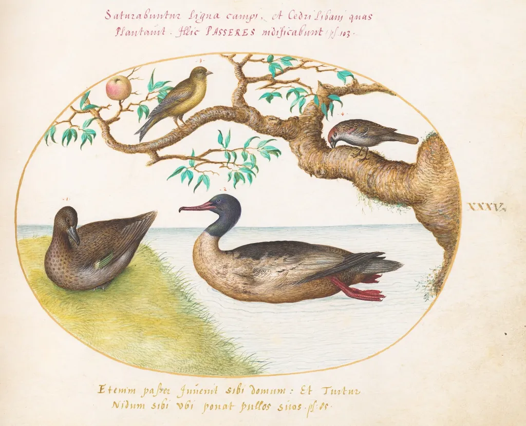 Plate 35: Female Green-Winged Teal, Red-Breasted Merganser(?), Sparrow, and a Greenfinch(?), by Joris Hoefnagel, gouache, 1594