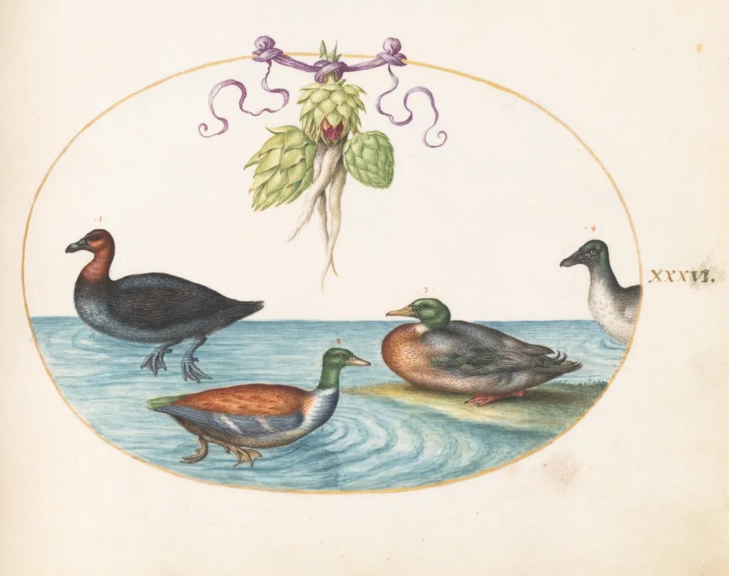 Plate 36: Red-Breasted Merganser, Shoveler, and Mallard, and Duck with Artichokes, by Joris Hoefnagel, gouache, 1594