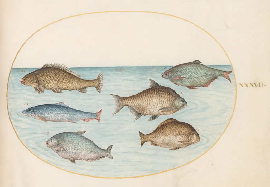 Plate 37: Six Fish, Including Carp, by Joris Hoefnagel, gouache, 1594
