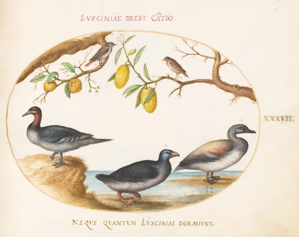 Plate 37: Three Waterfowl with Two Nightingales(?) Perched in Citrus Trees, by Joris Hoefnagel, gouache, 1594