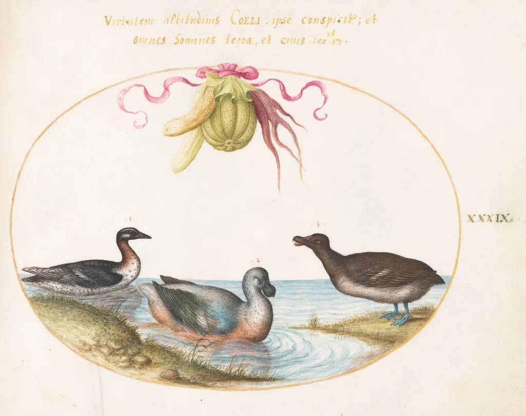 Plate 39: A Scaup with Two Other Waterfowl beneath a Garland of Produce, by Joris Hoefnagel, gouache, 1594