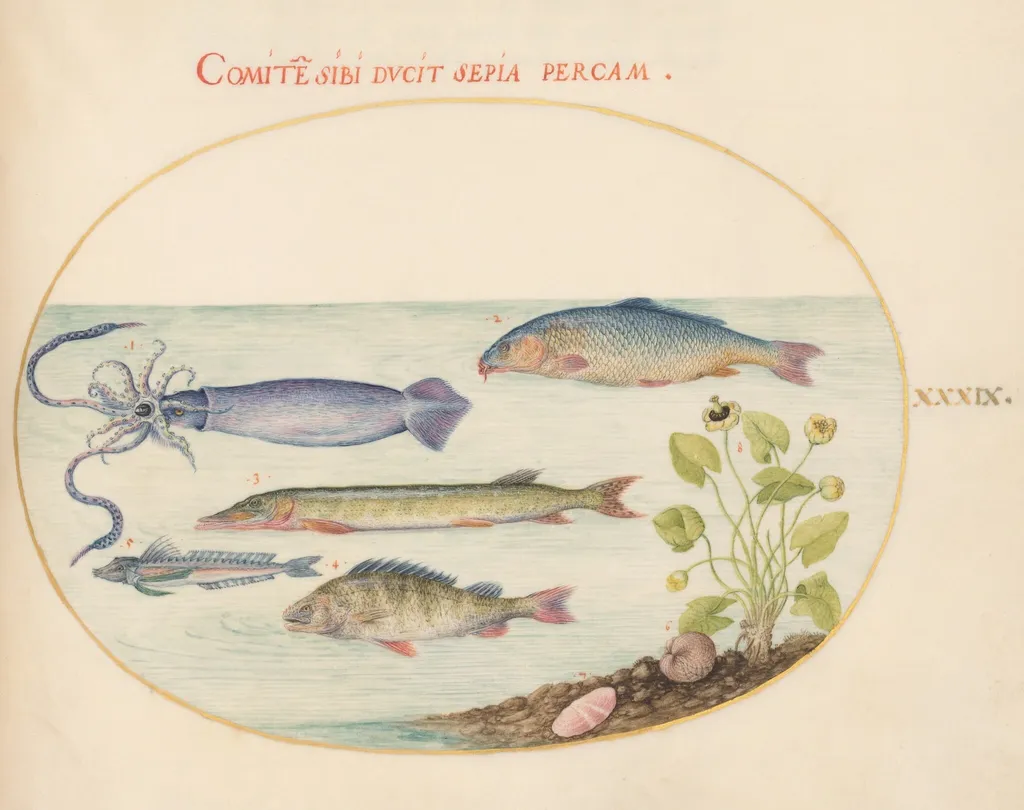Plate 39: Squid, Gurnard, Pike, and Other Fish, by Joris Hoefnagel, gouache, 1594