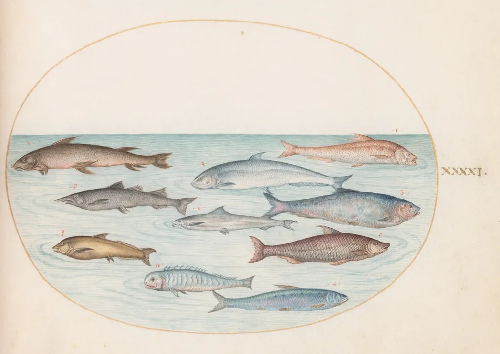 Plate 41: Whitefish(?) and Other Fish, by Joris Hoefnagel, gouache, 1594