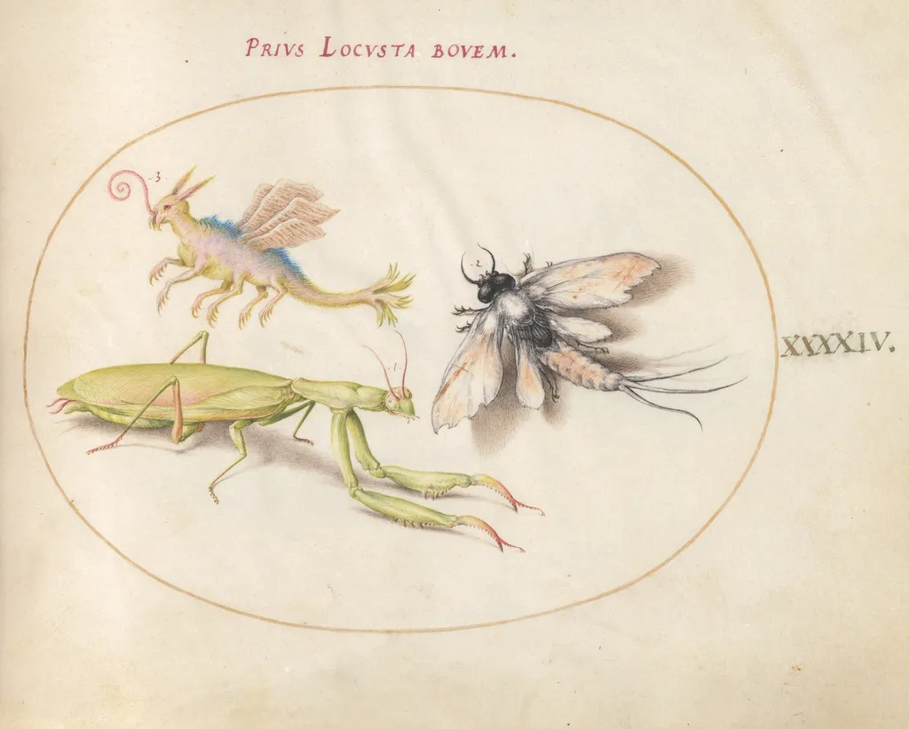 Plate 44: Mantis, Mayfly, and a Fictional Locust, by Joris Hoefnagel, gouache, 1594
