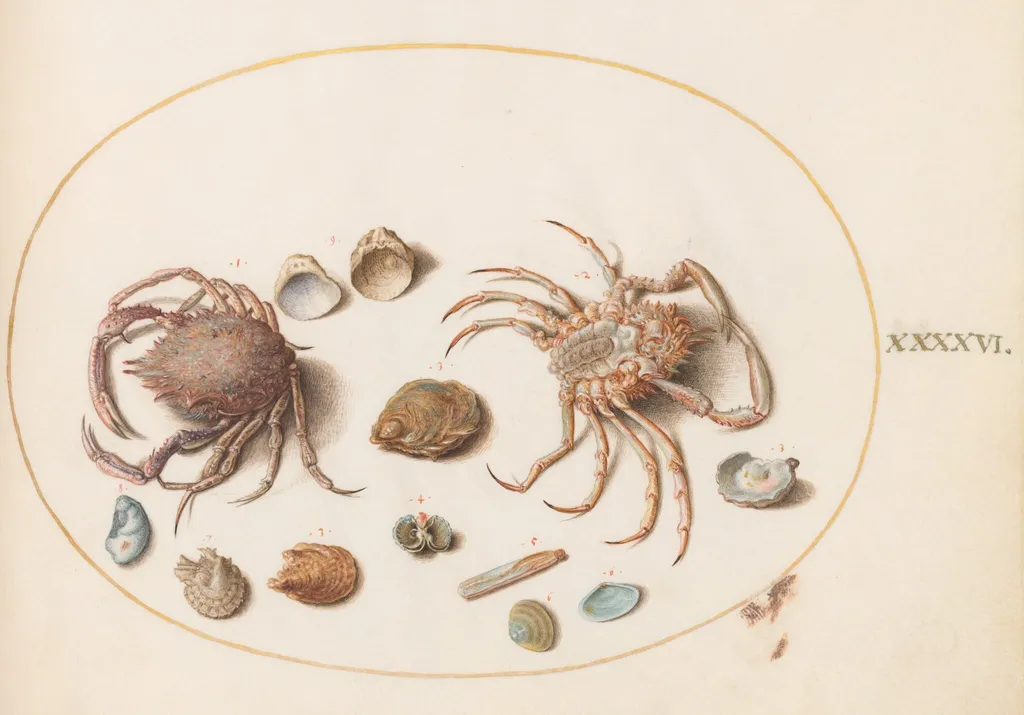 Plate 46: Two Crabs with Seashells, by Joris Hoefnagel, gouache, 1594