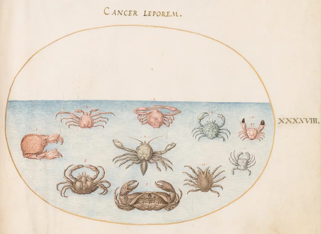 Plate 48: Ten Crabs, by Joris Hoefnagel, gouache, 1594