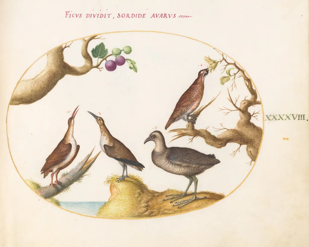 Plate 48: Wood Grouse, Rail, and Curlew with Hazelnuts and Figs, by Joris Hoefnagel, gouache, 1594