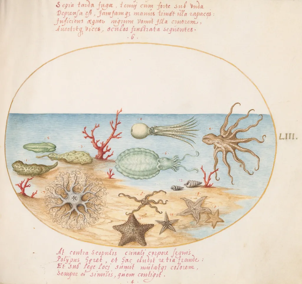Plate 53: Sea Cucumbers, Coral, Octopus, Starfish, Squid, and Other Sea Creatures, by Joris Hoefnagel, gouache, 1594