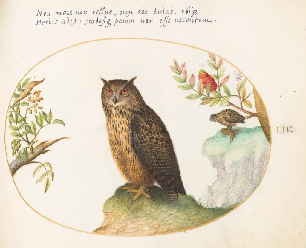 Plate 54: An Owl, with a Second in the Distance Eating a Rabbit, by Joris Hoefnagel, gouache, 1594