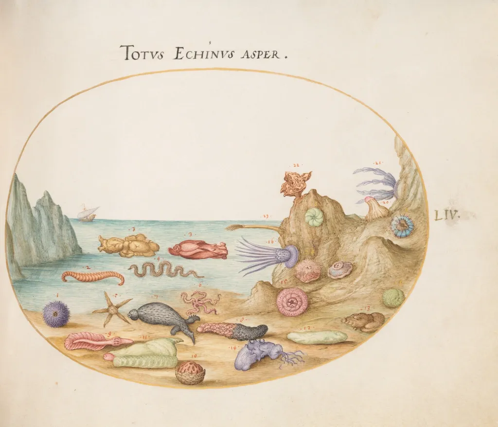 Plate 54: Sea Cucumbers, Sea Urchins, Starfish, a Sea Nettle, a "Sea Hare," and Other Marine Life, by Joris Hoefnagel, gouache, 1594