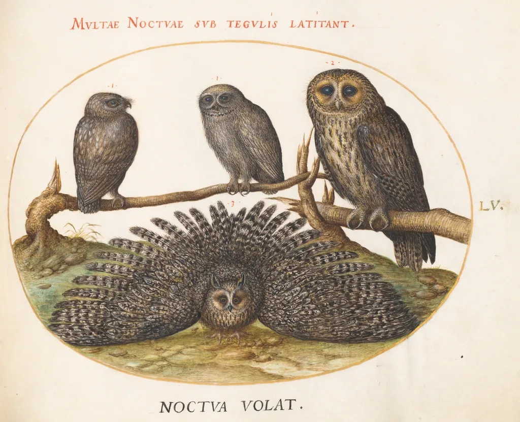 Plate 55: A Tawny Owl, an Eagle Owl, and Two other Owls, by Joris Hoefnagel, gouache, 1594