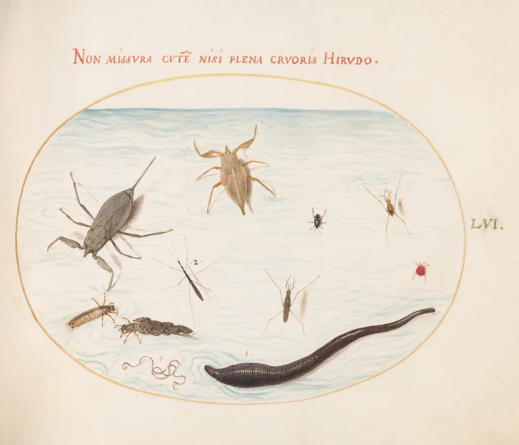 Plate 56: Water Scorpion, Water Measurer, Pond Skater, Red Water Mite, Leech(?), and Other Water Insects, by Joris Hoefnagel, gouache, 1594