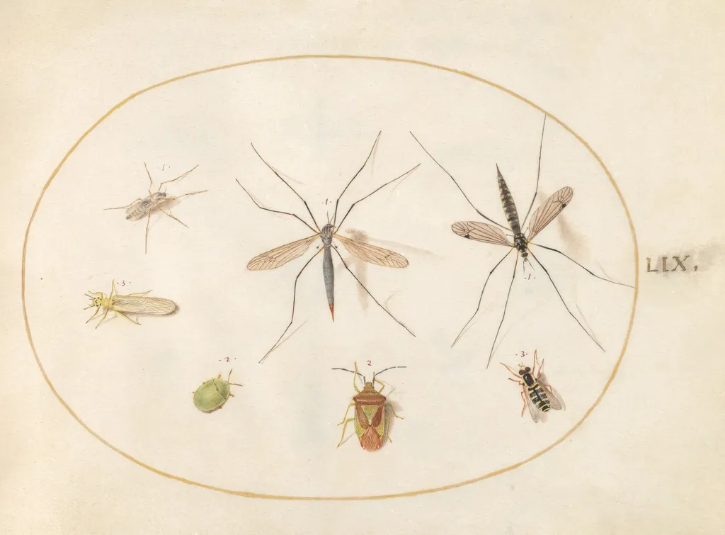 Plate 59: Seven Insects, Including a Hawthorn Shield Bug, Crane Flies, and a Hoverfly, by Joris Hoefnagel, gouache, 1594