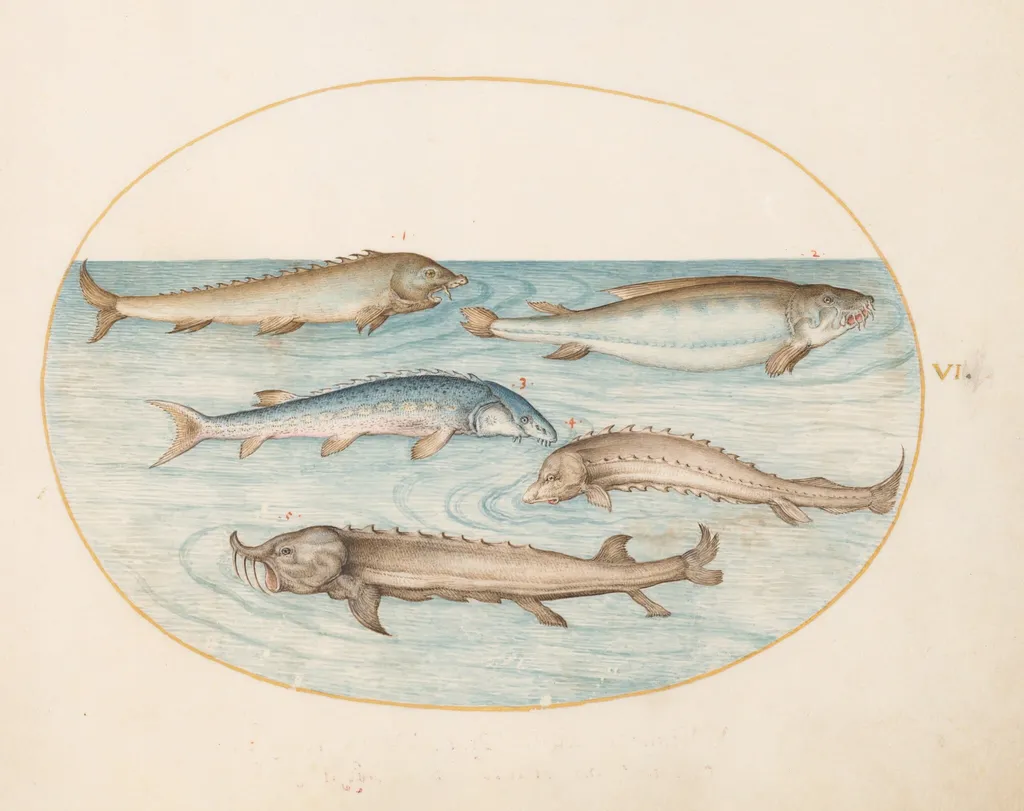 Plate 6: Five Catfish and Sturgeon(?), by Joris Hoefnagel, gouache, 1594