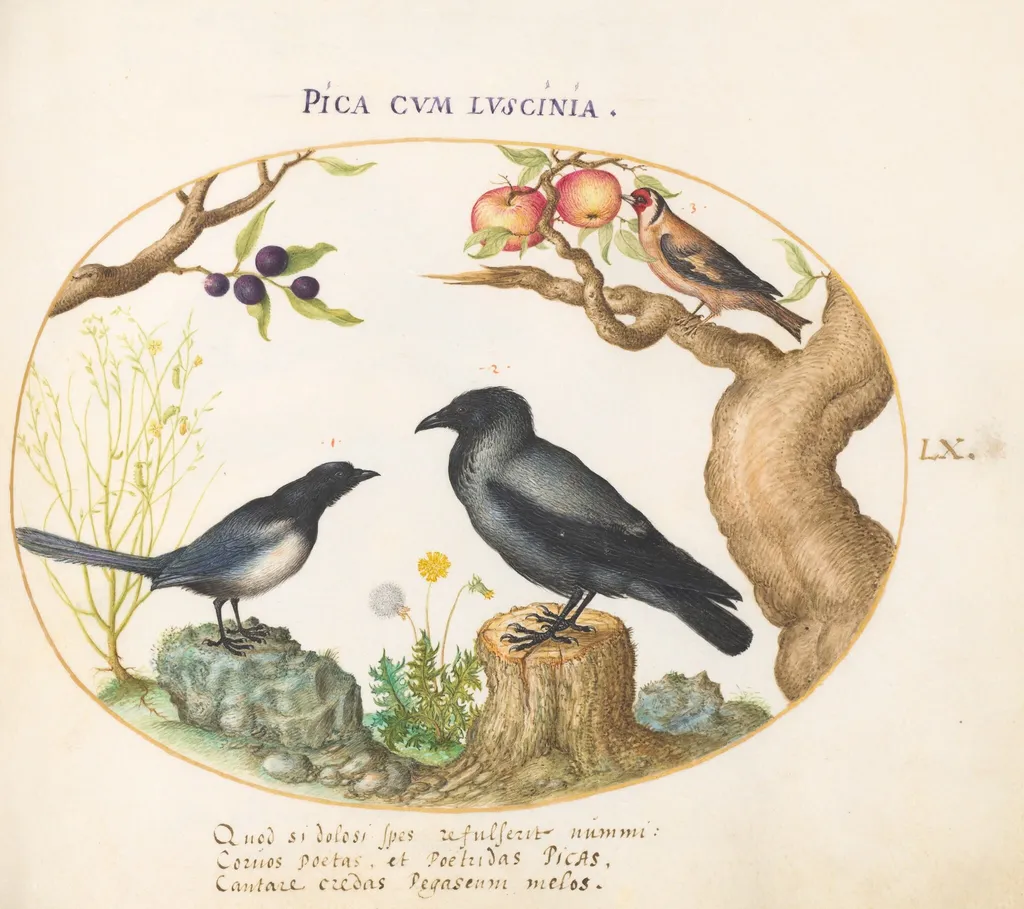 Plate 60: Magpie, Crow, and Goldfinch, by Joris Hoefnagel, gouache, 1594