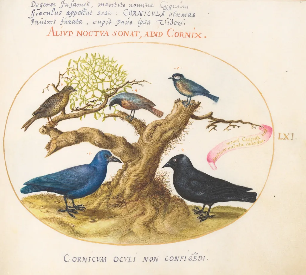 Plate 61: Blue Crow(?), Jackdaw, Chickadee or Tit, and Other Birds, by Joris Hoefnagel, gouache, 1594