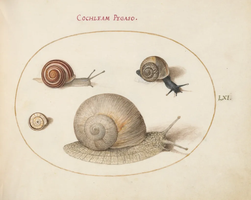 Plate 61: Four Snails, by Joris Hoefnagel, gouache, 1594