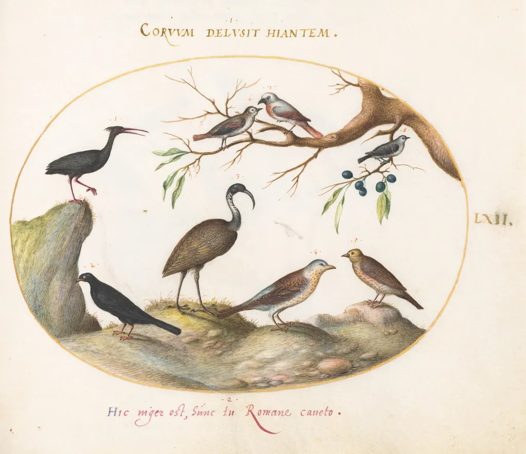 Plate 62: Northern Bald Ibis and Glossy Ibis with Other Birds, by Joris Hoefnagel, gouache, 1594
