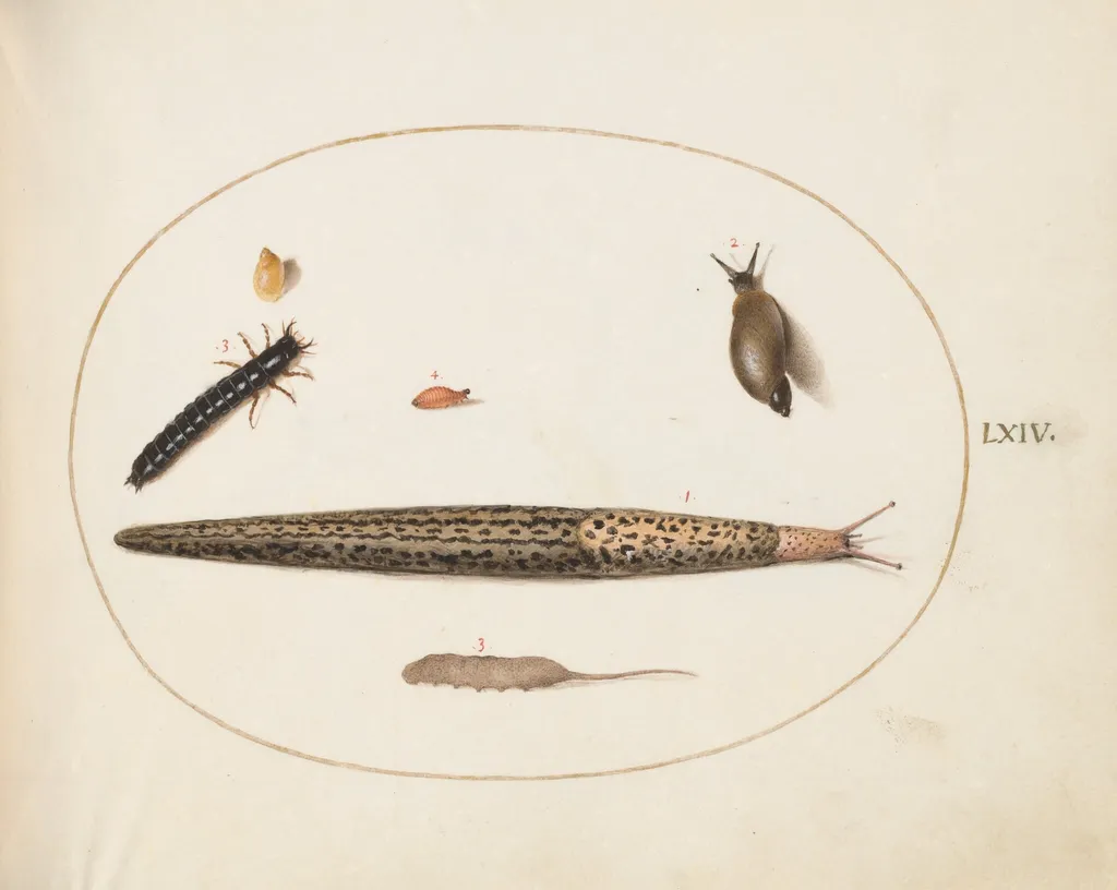 Plate 64: Leopard Slug, Ground Beetle Larva, a Rat-tailed Maggot, and Other Creatures, by Joris Hoefnagel, gouache, 1594