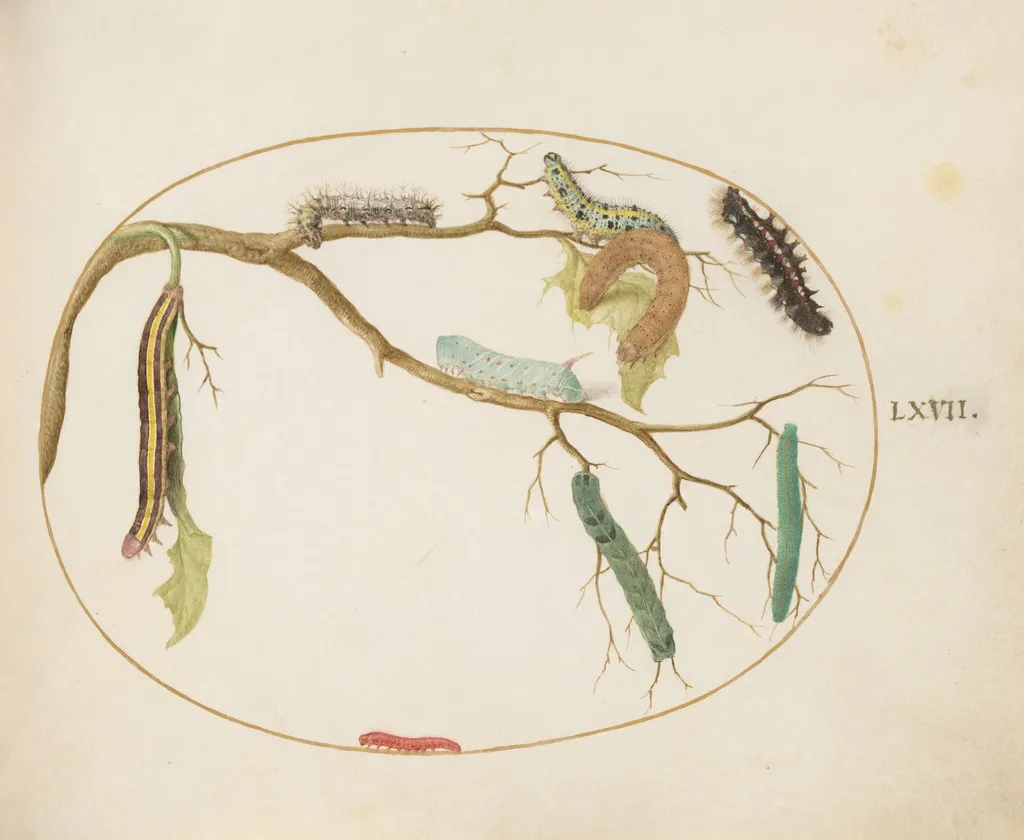 Plate 67: Large White and Small White Butterfly Caterpillars, Hornworm Caterpillar, Broom Moth Caterpillar, and Others, by Joris Hoefnagel, gouache, 1594
