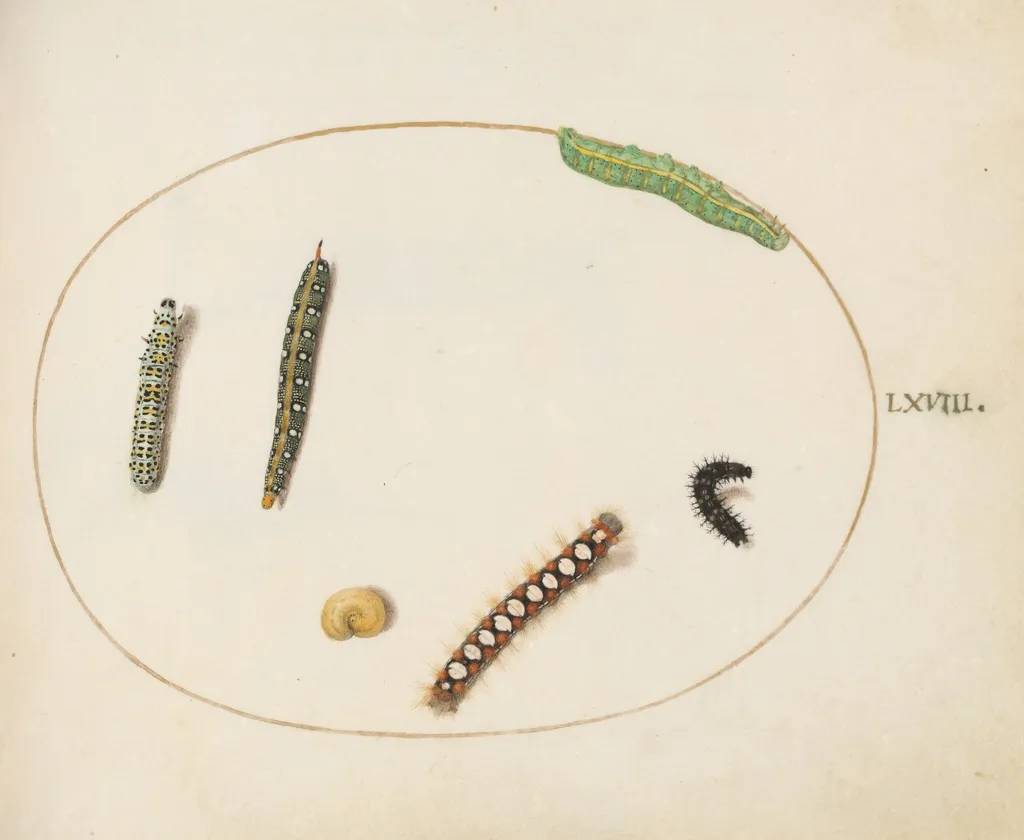 Plate 68: Leafy Spurge Hawkmoth Caterpillar, Mullein Moth Caterpillar, and Other Caterpillars, by Joris Hoefnagel, gouache, 1594