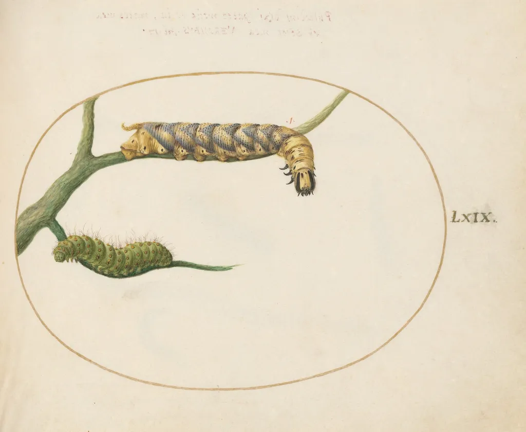 Plate 69: Emperor Moth Caterpillar with a Second Caterpillar on a Branch, by Joris Hoefnagel, gouache, 1594