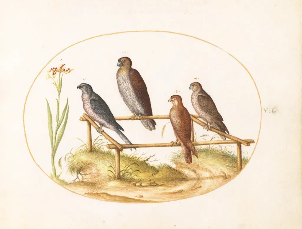 Plate 7: Four Birds of Prey on a Wooden Frame, by Joris Hoefnagel, gouache, 1594