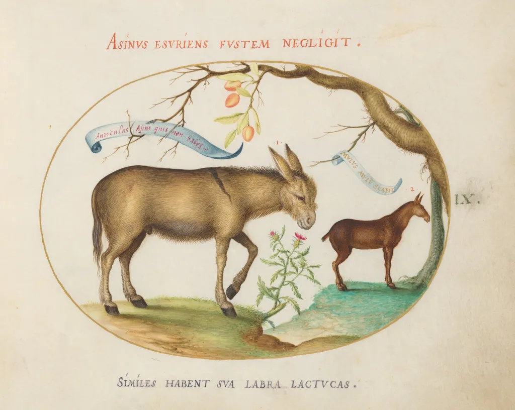 Plate 9: A Donkey and a Mule, by Joris Hoefnagel, gouache, 1594