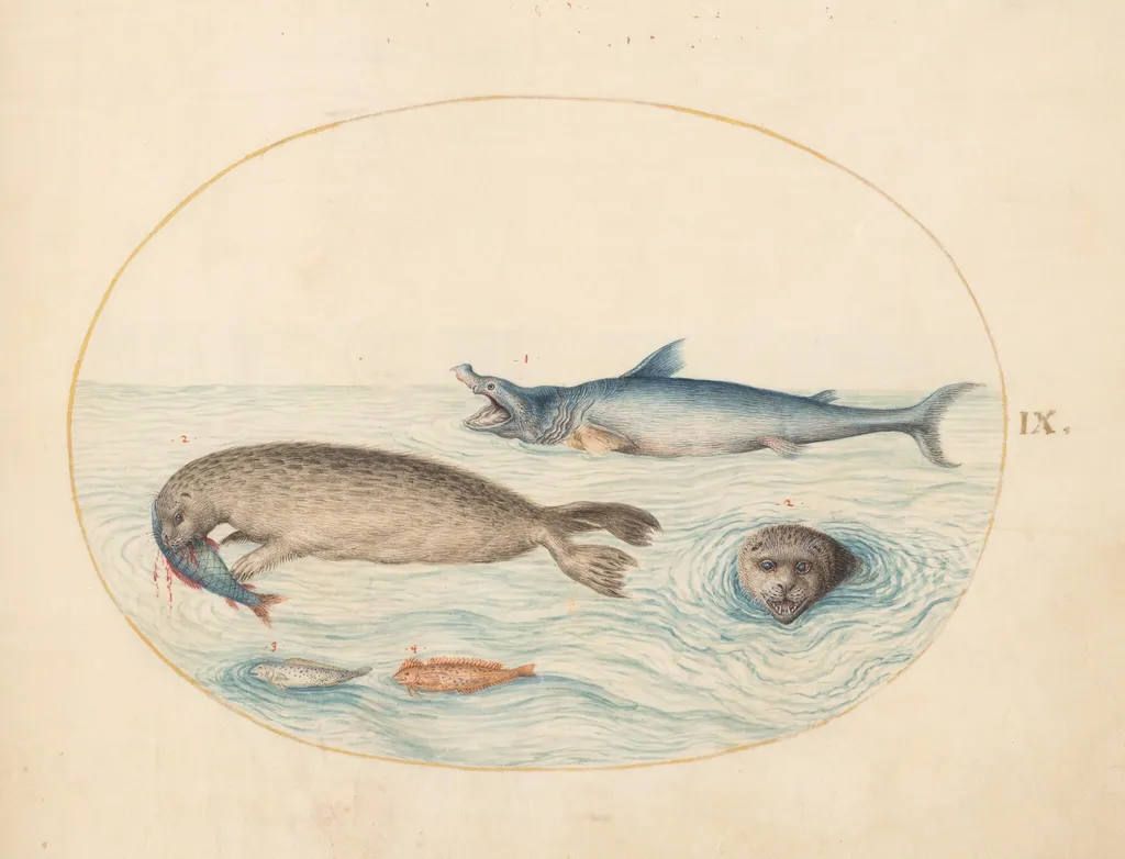 Plate 9: A Great White(?) Shark, Two Seals, and Two Fish, by Joris Hoefnagel, gouache, 1594