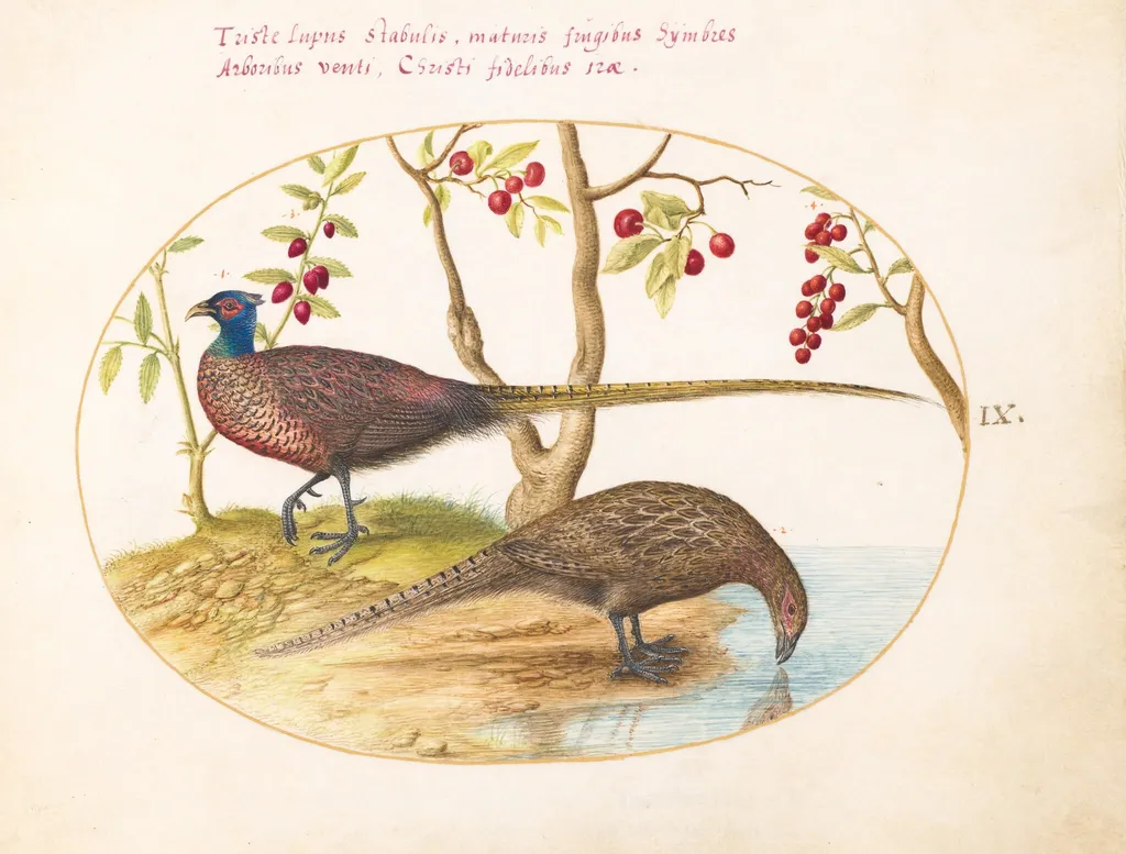 Plate 9: Two Pheasants with Fruiting Plants, by Joris Hoefnagel, gouache, 1594