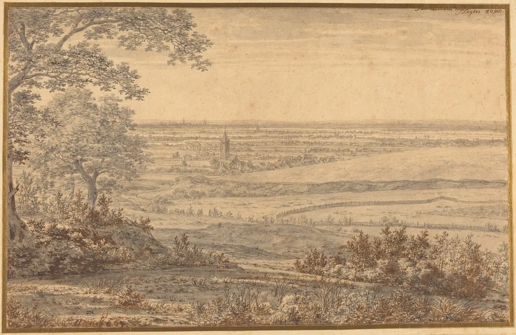 Extensive Landscape Seen from the Edge of a Forest, by Joris van der Haagen, ink, 1666