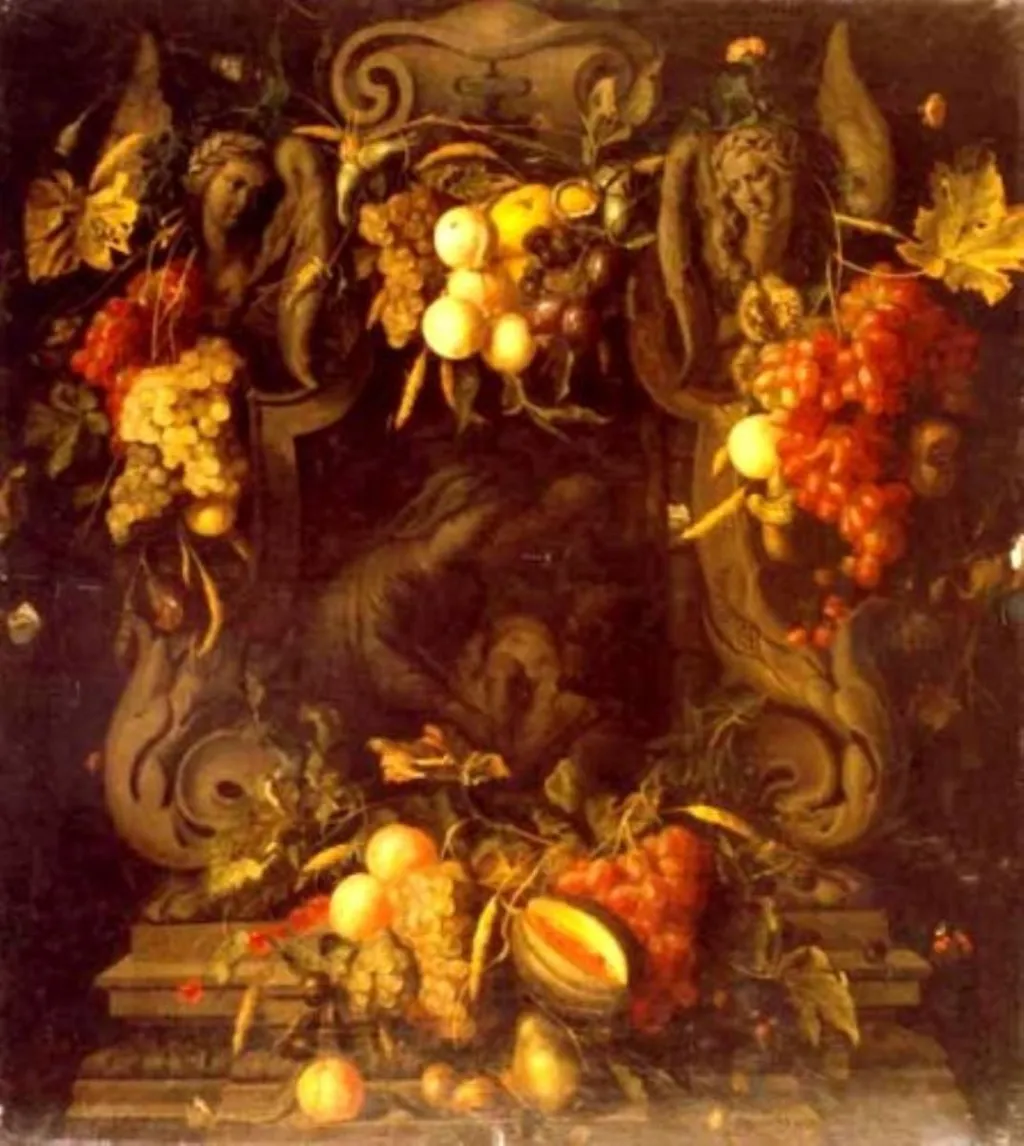 Fructe pe un piedestal antic cu Sfânta Familie, by Joris van Son, unspecified, 1650