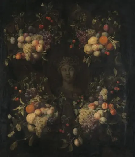 Simulated Sculpted Head of a Woman in a Cartouche Decorated with Swags of Fruit, by Joris van Son
