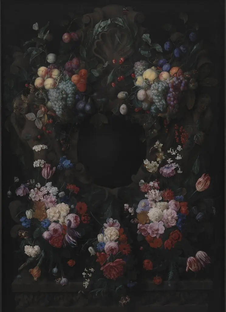 Stone Cartouche with Fruit and Flower Garland, by Joris van Son