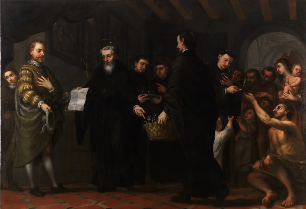 San Agustín repartiendo los bienes de los ricos entre los pobres, by José García Hidalgo, oil, 1663