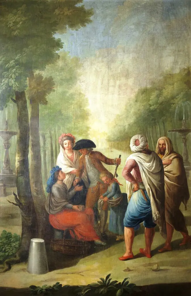 Paseo del Prado con personajes junto a una vendedora ambulante, by José Juan Camarón y Meliá