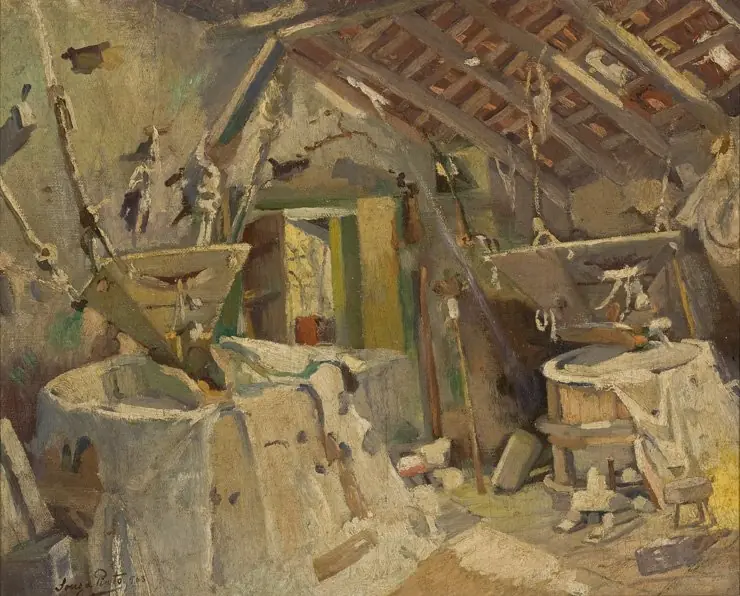 Interior of a watermill, by José Júlio de Sousa Pinto