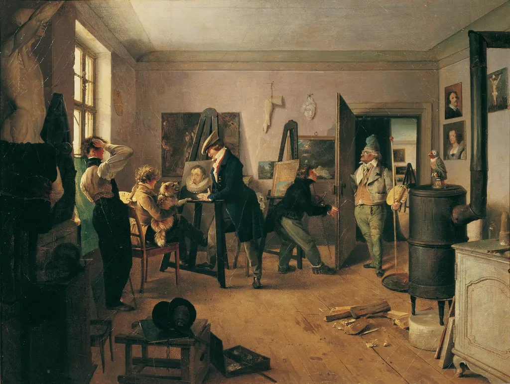 Atelier with painting students, by Josef Danhauser, oil, 1828