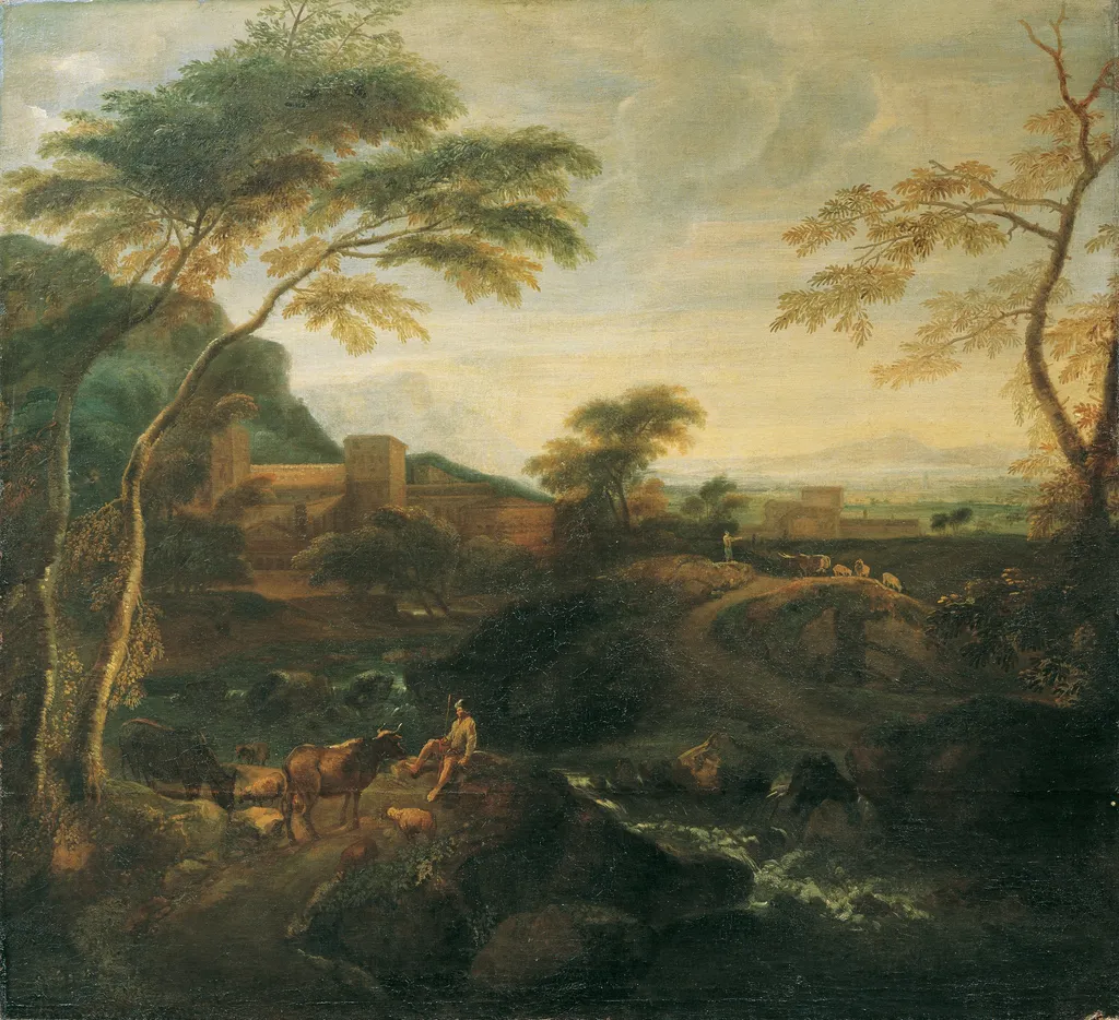 Landscape with Grazing Cattle, by Josef Faistenberger, oil, 1715