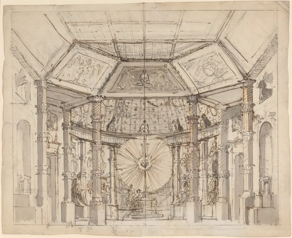 Stage Design for a Domed Temple Interior with a Sun Disk above the Altar, by Josef Ignáz Platzer, ink, 1780