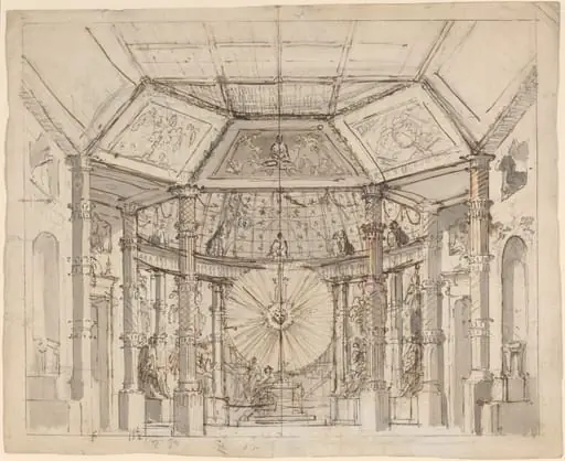 Stage Design for a Domed Temple Interior with a Sun Disk above the Altar, by Josef Ignáz Platzer