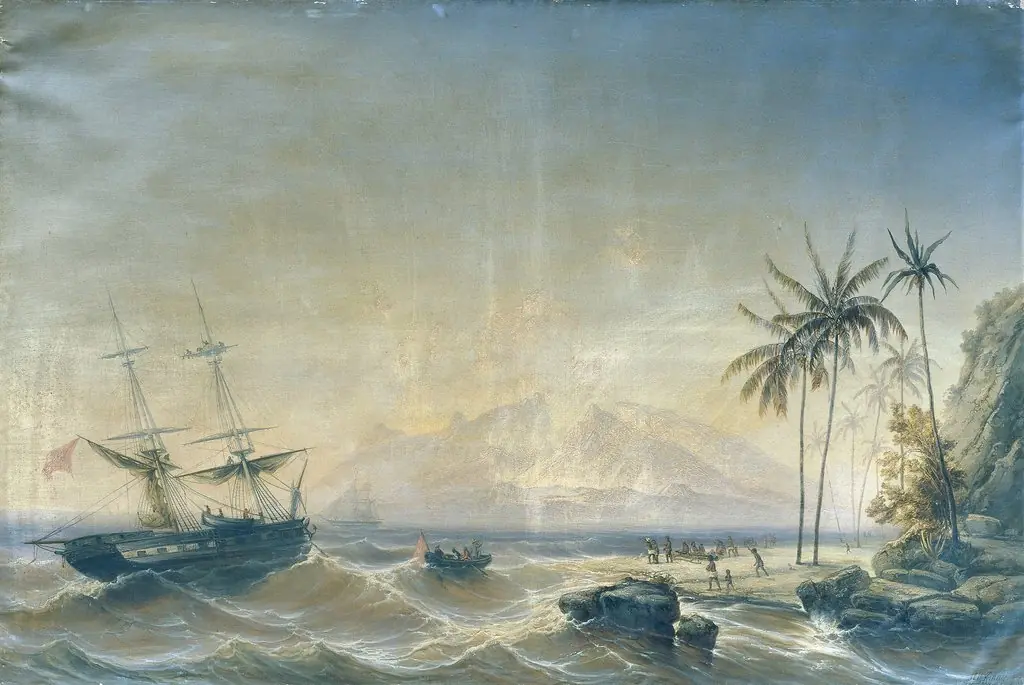 Kriegsschiff vor den Südseeinseln, by Josef Püttner