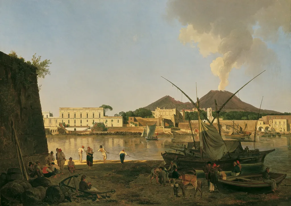 Granatello Harbour near Portici with Mount Vesuvius in the Background, by Josef Rebell, oil, 1819