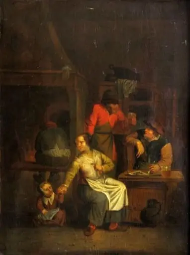 Țărancă cu un copil la cârciumă ; pandant: Țăran galant la cârciumă, by Josef Sellmoseen