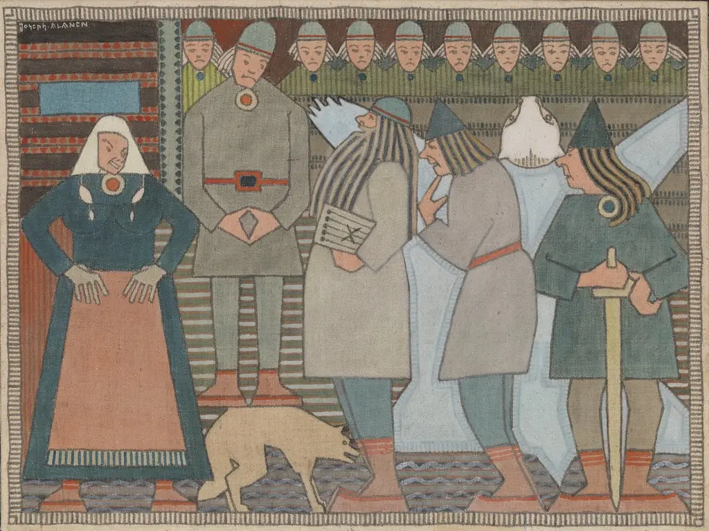 Arrival of Väinämöinen, Ilmarinen and Lemminkäinen at Pohjola, by Joseph Alanen
