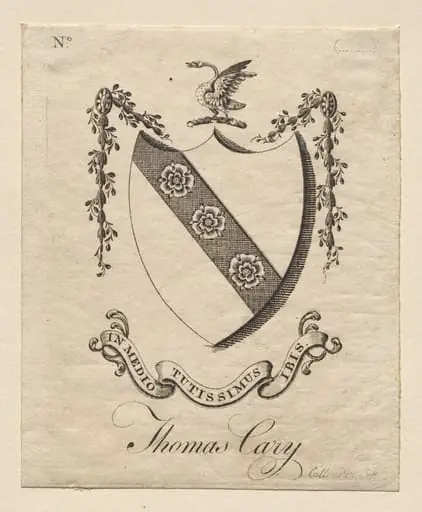 Bookplate: Coat of Arms with Thomas Cary inscribed below, by Joseph Callender