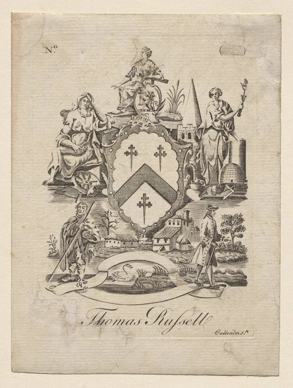 Bookplate: Coat of Arms with Thomas Russell inscribed below, by Joseph Callender, 1796