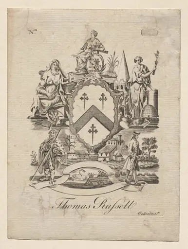 Bookplate: Coat of Arms with Thomas Russell inscribed below, by Joseph Callender