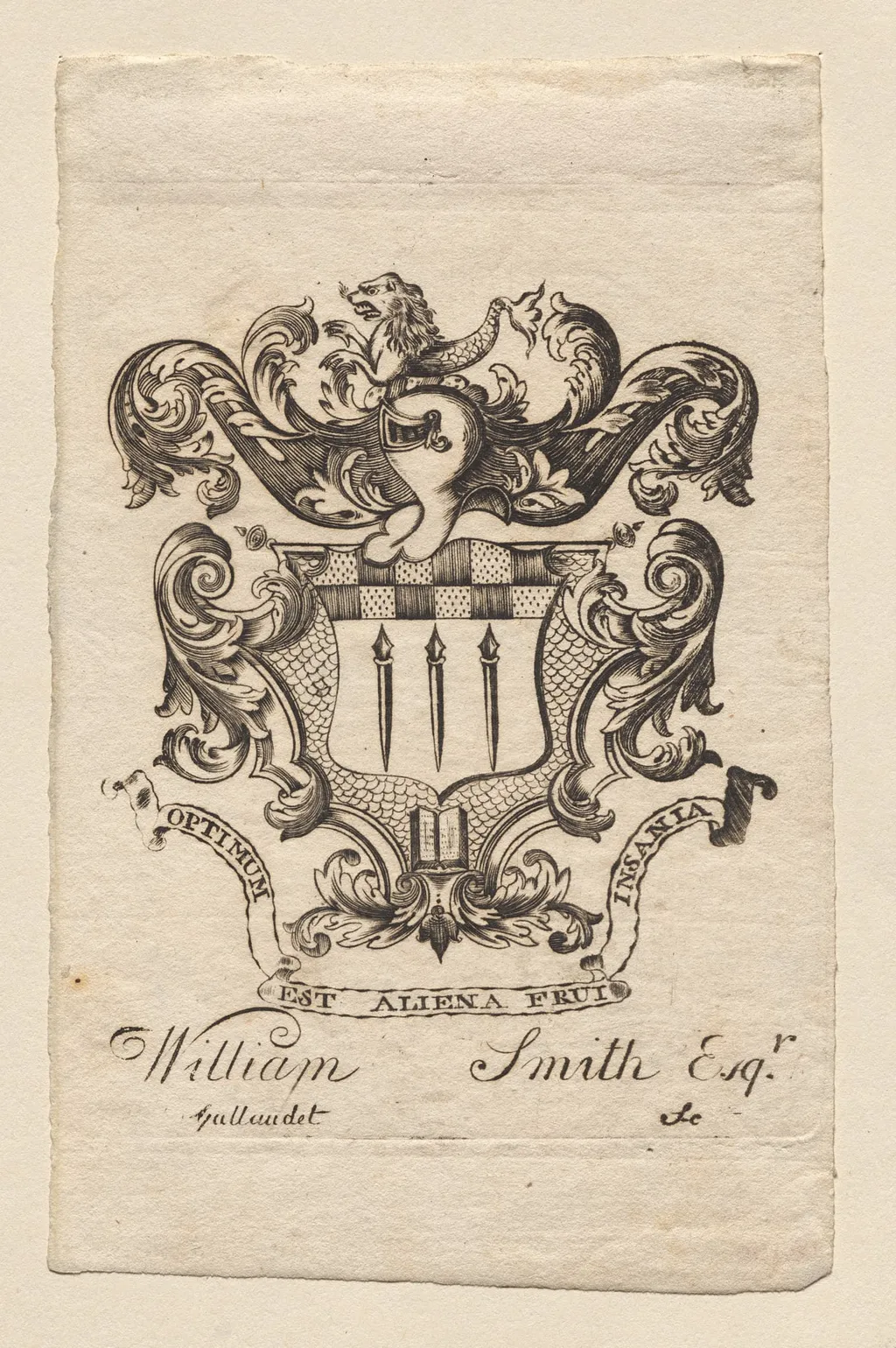 Bookplate: Coat of Arms with William Smith, Esq. inscribed below, by Joseph Callender, 1796